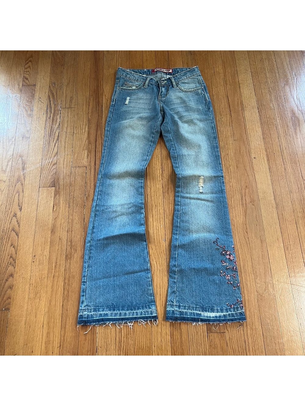 Vintage Y2K vanilla star Low Rise Flare Jeans with whimsical bedazzled flowers